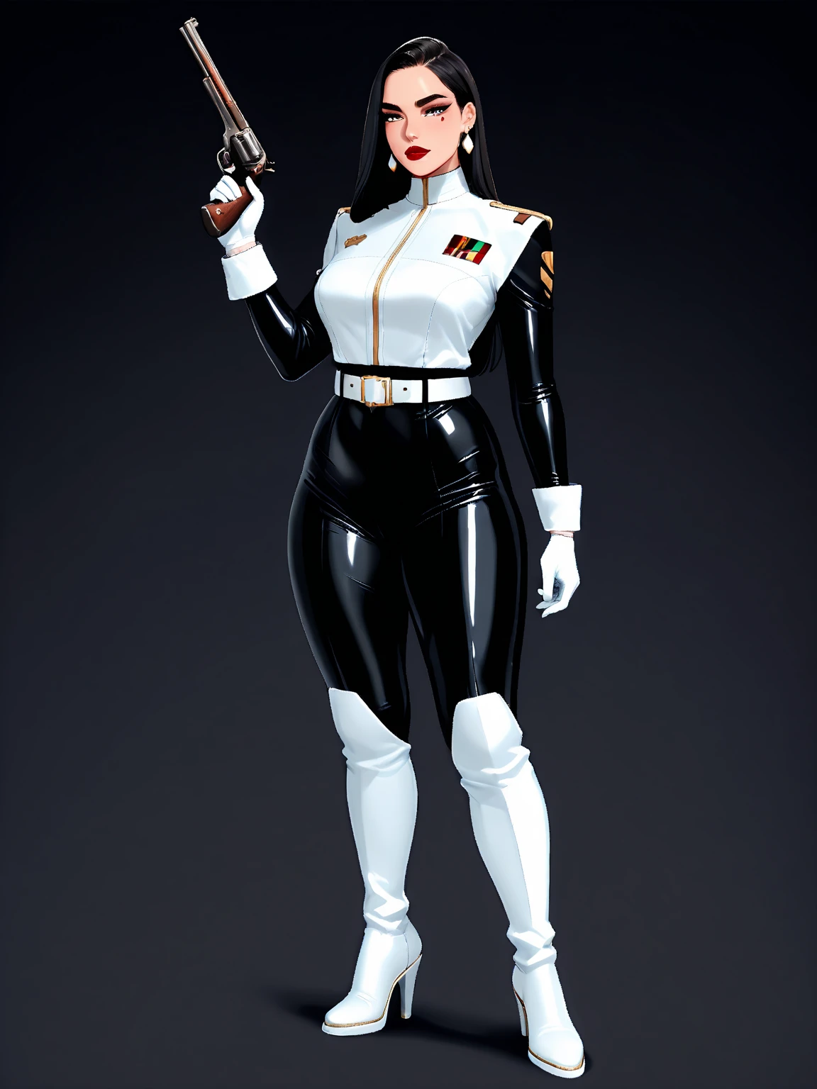 ((best quality)), ((masterpiece)), ((ultra realistic)), (dynamic standing pose), ((1girl)), ((solo)), English, beautiful detailed face, detailed eyes, sexy police officer, ((black and white leotard, police uniform, long sleeves)), white bracelets, office backdrop, highly detailed, professional, bare legs, (full body costume design), standing, black hair, medium hair, brown eyes, (thigh-high matching boots), shoulder holster, shoulder pads, badge, matching gloves