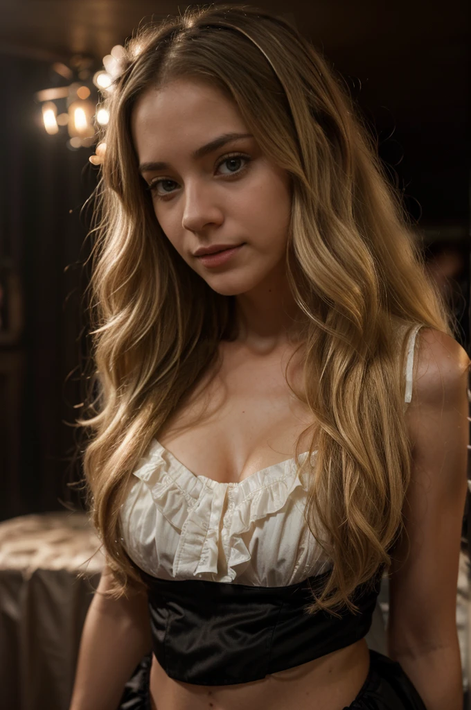 (Cute tween halfling hobbit), close up, bust focus, natural light, tomboy, skinny, thin, slim, lean, slender, nubile, posing for picture, blonde hair, blueeyes, warm lighting, thinner, perfect lips, fat lower lip, young, youthful, teen, teenager, in a wooden fantasy tavern, dirty brown tavern wench dress, pointed ears