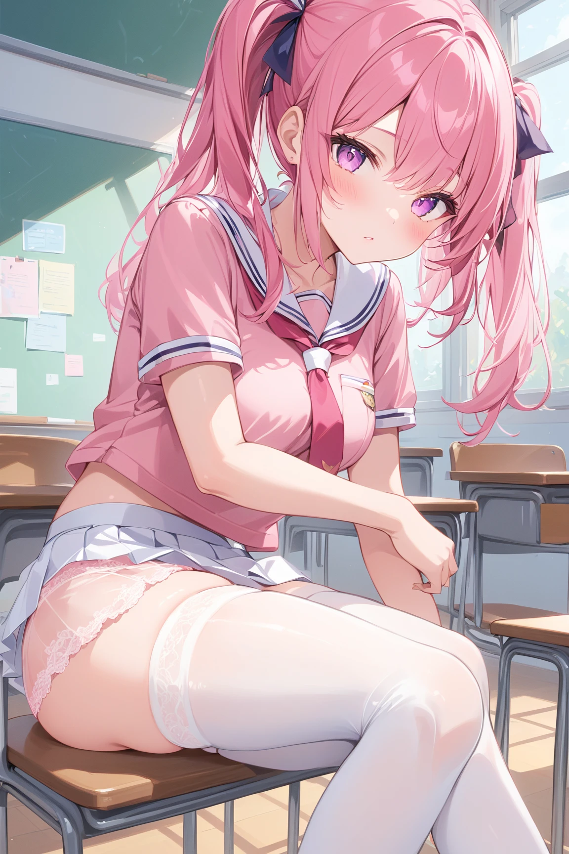 pieces fly、masterpiece、highest quality、Super detailed、High resolution、High resolution、8K portrait、Unity 8k壁紙のHigh resolutionCG、unity 8k wallpaper、cute type little:1.5、:1.5、Highly detailed CG unity 8k wallpaper、realistic、real person、cute type little、 portrait photography、shiny skin、High resolution、(:1.2)、(1 girl)、beautiful clear eyes、very detailed explanation、delicate face、nice lips、slender body、Big breasts and a narrow waist、thin legs、(classroom:1.6)、1 girl, cute type, perfect face, seriously, (blush:1.5),(pink twintail hair:1.5),((there are many people nearby:1.4))、(flat chest:1.5)、((white school uniform:1.2))、(((lift:1.5))), (((I have nipples), Detailed description vagina,show vagina、(spread legs:1.2),spread (Orgasm in the vagina:1.5)