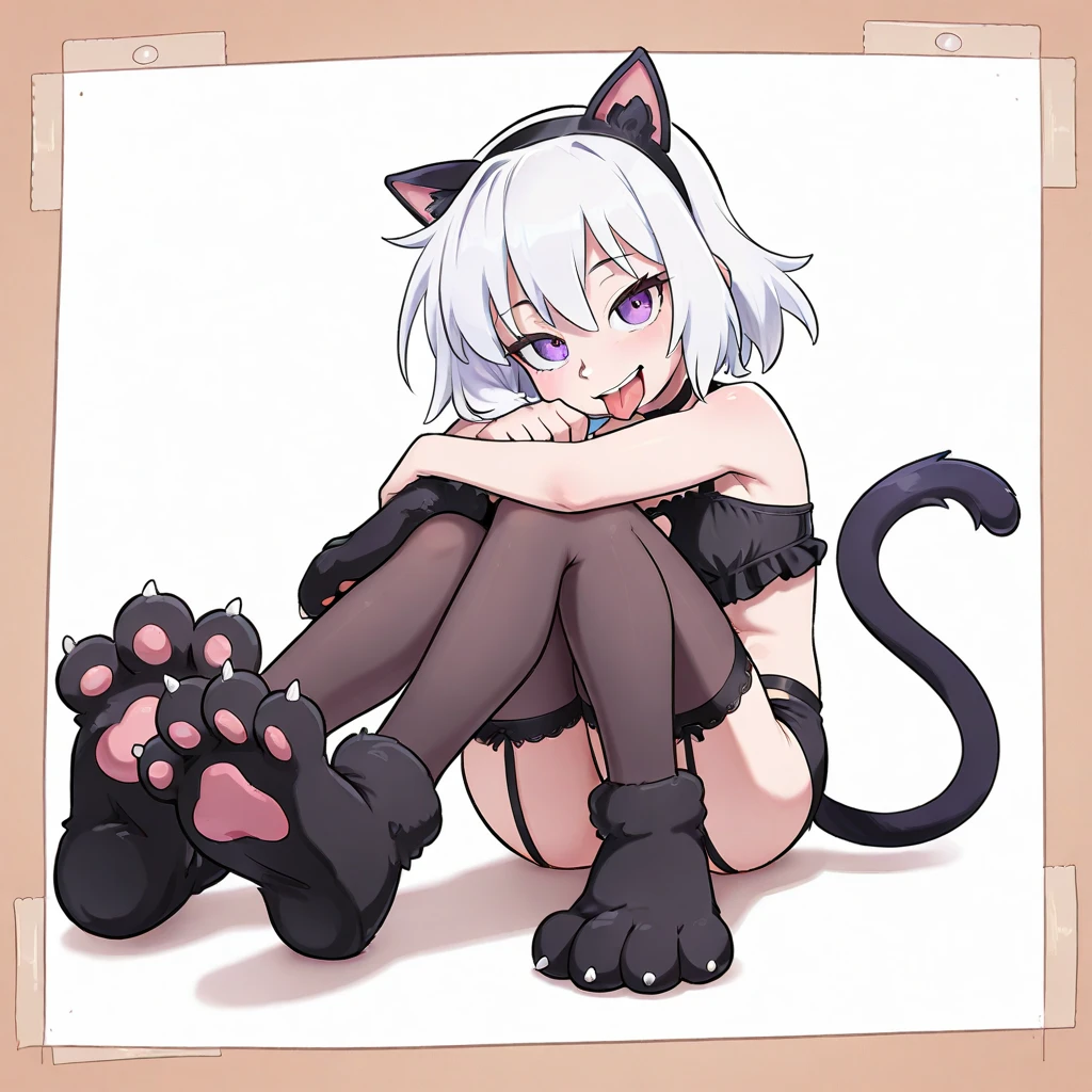 ctiansanya, uniform, necktie, strapless vest, sleeveless, anime coloring, black skirt, black pantyhose, cat ears, cat tail, high quality, 1girl, solo, lying, on back, on sand, spread arms, arms up, looking at viewer, best quality, center, closed mouth, smile, closed_mouth, spread legs, full body,