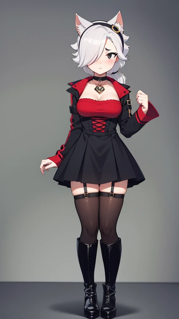 female, silver long hair with black highlights, red eyes, (((1girl))), (((red gothic dress with black trim))), (gold crown), (red lace up ankle boots), (black stockings), cute and sexy, full body, huge breasts, large butt, long legs, smiling