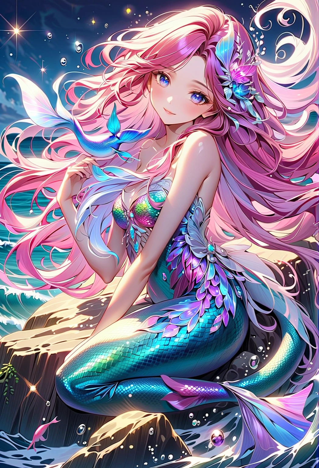 Beautiful mermaid with flowing,Iridescent Scales and long,loose hair. She is sitting on a rock by the sea under the Moonlight,surrounded by gentle waves and sparkling Sea creatures.,(style: Classic fantasy, realistic),(details: long hair, Iridescent Scales, Moonlight, Sea creatures, gentle waves),(Anatomically correct),top quality,excellent quality,16 thousand.,incredibly absurd,very detailed,detailed and beautiful eyes,Smooth and beautiful skin,Beautiful hair with shiny details,Draw the details carefully,Complex gradations, such as watercolors.,Highly Colored,excellent color balance,happy dreams,Zentangle Elements,rendering,repeat colorful spells,((Shine)),Hologram processing,fantasy,Magic effect,Place small particles of light,Draw the face line carefully,natural makeup,attractive,perfect proportions