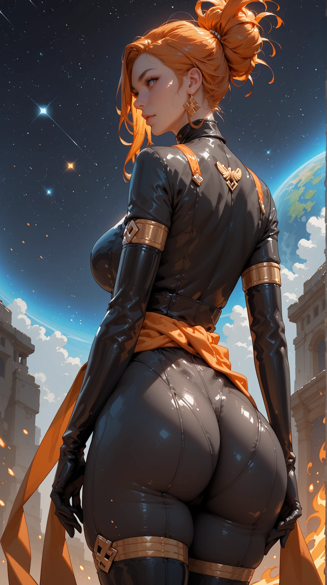 JeanGrey, black and gold bodysuit, Plumpy , large butt, fat buttocks, orange flame aura sparkling around her, elbow gloves, thigh highs, sash, levitating in dark space, kuna2, expressiveh