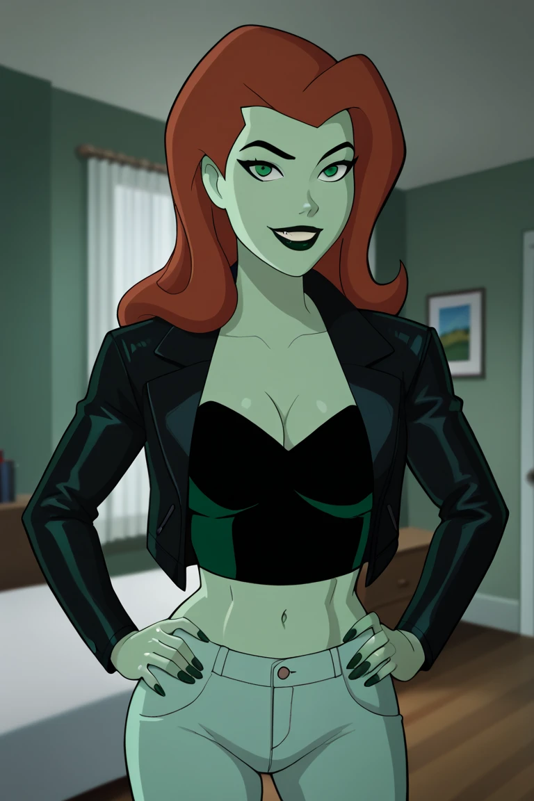score_9_up, score_8_up, score_7_up, BREAK poison ivy, ginger hair, long hair, black eyebrows, makeup, black lipstick, green skin, poison ivy, looking at viewer, portrait, face focus, solo, best quality, high quality, happy expression, smile, closed mouth, hands on hips, model pose, green leather jacket, green crop top, green jeans, curvy, athletic, standing, indoors, bedroom, large breasts, cleavage