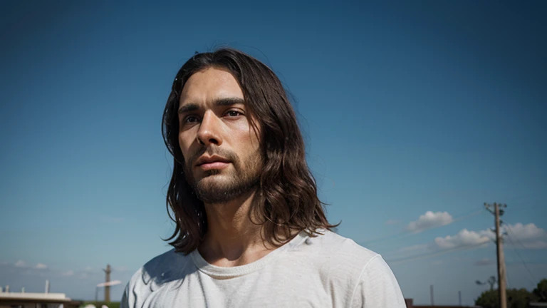 ((melhor qualidade)), ((obra de arte)), (detalhado), rosto perfeito, a beautiful man with long flowing hair, sitting on top of a building