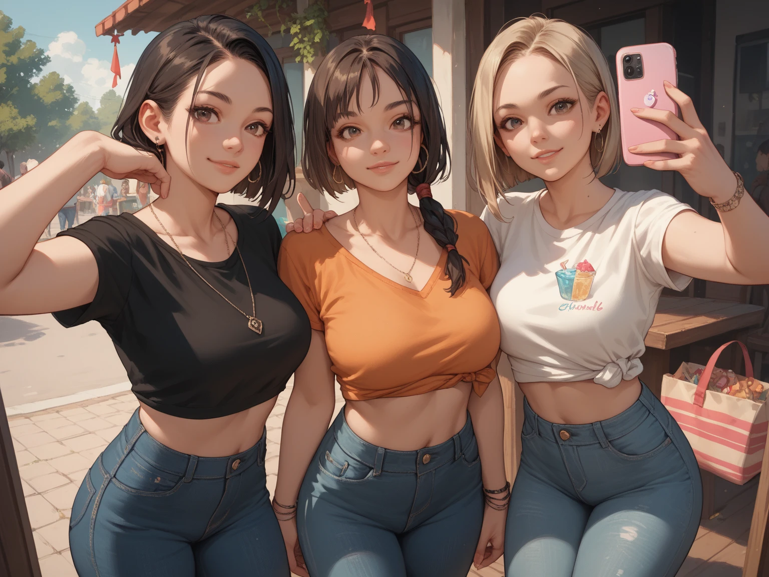 An attractive woman with diamond blue eyes, oval face with smiling shining teeth, sparkling black hair, gorgeous body, small breast, wearing a green top, strong abdomen, blue jeans, anatomically perfect, in a café, HD picture, 8k, artwork, perfect illustration