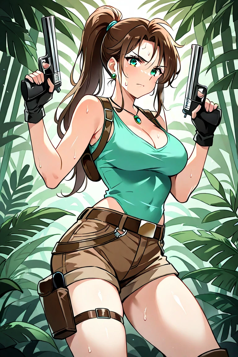 (Masterpiece, Best quality:1.2), Solo, 1girll, lara croft, Evil laughter, grin, view the viewer, Blue tight vest, brown shorts, (Fingerless gloves:1.1), Holster, Take a selfie in the jungle, （（There is a big snake in the jungle））, thicc, huge tit, Plump crotch, Buttock augmentation, Cocked buttocks, Fitness model, perspire, Sweaty