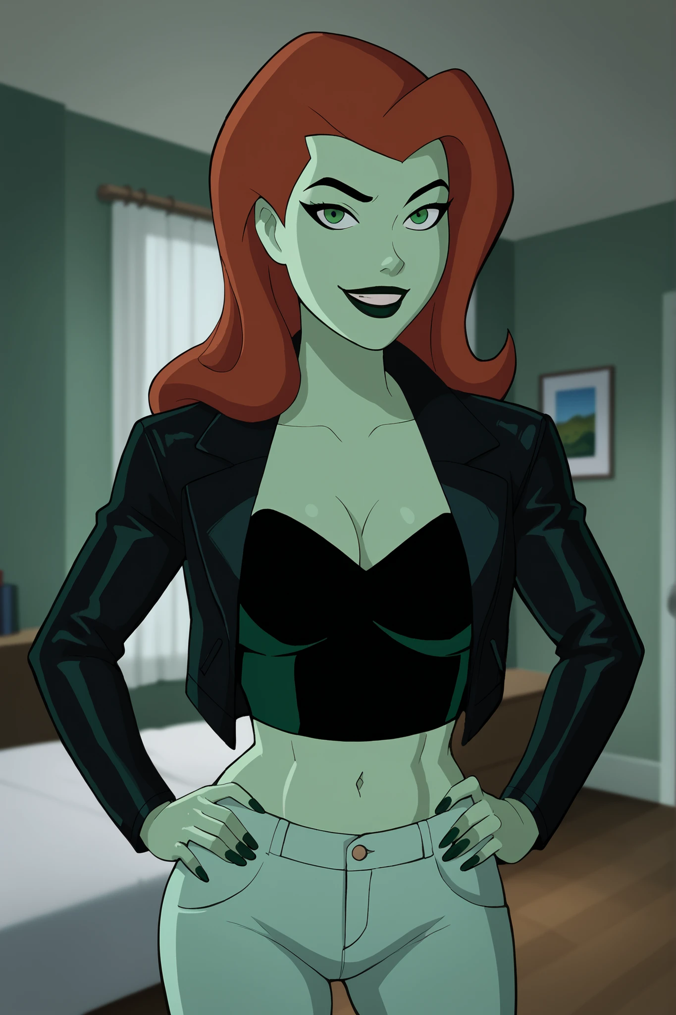 score_9_up, score_8_up, score_7_up, BREAK poison ivy, ginger hair, long hair, black eyebrows, makeup, black lipstick, green skin, poison ivy, looking at viewer, portrait, face focus, solo, best quality, high quality, happy expression, smile, closed mouth, hands on hips, model pose, green leather jacket, green crop top, green jeans, curvy, athletic, standing, indoors, bedroom, large breasts, cleavage 