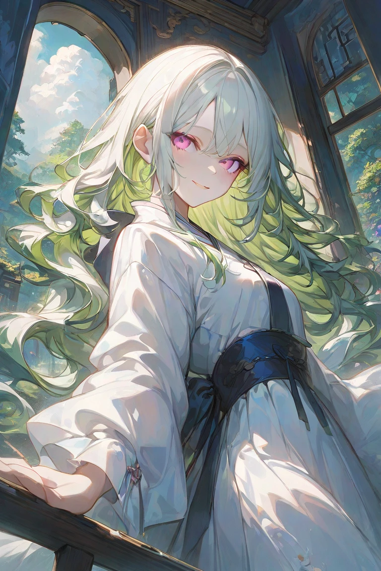 Manga style shoujo,She has long colorful hair,Flat color,nature backdrop,masterpiece