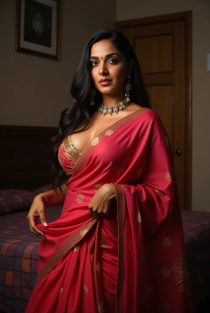 An Indian beautiful woman wearing a sleeveless red saree, deep cleavage ,great figure, red eyes, blood in the mouth, being hugged and kissed by a man at home, dark blue and red mixed room background, digital art, comic art style, hyper realistic, Cinematic