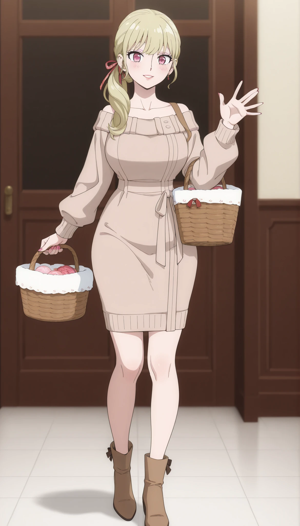 Yor Briar is a mature beautiful woman with long blonde hair, extremely fair white natural skin, big pink eyes, red plump glossy lips, pink nails, a small waist, and a perfect slim yet curvy body. Yor is only wearing a baggy off-shoulder tube beige sweater, hair ribbon, and suede brown ankle boots. Yor is standing straight, carrying a basket, a cute housewife hairstyle, waving one hand, with a smiling expression, and is on a snow plain. Show her full body and super hyper-detailed.