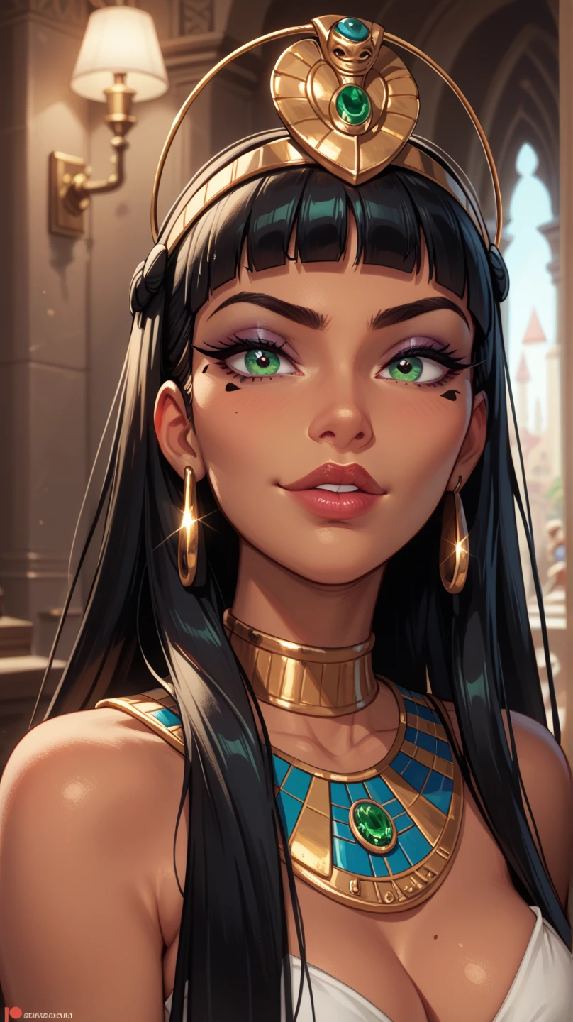 Egyptian Queen hairstyle, Ultrarealistic Golden brown eyes, both eyes are similar, Ultrarealistic Red lip, Dark black eyeliner, Purple eyeshadow, Ultrarealistic toned Athletic body, toned abs, Ultrarealistic heavily oiled shiny skin, a close up of a woman with a breast and a very small breast, beautiful cleopatra, goddess. extremely high detail, artgerm julie bell beeple, cleopatra portrait, egyptian princess, karol bak uhd, artgerm detailed, artgerm. anime illustration, artgerm. high detail, egyptian, full body view, sharp focus on her breast