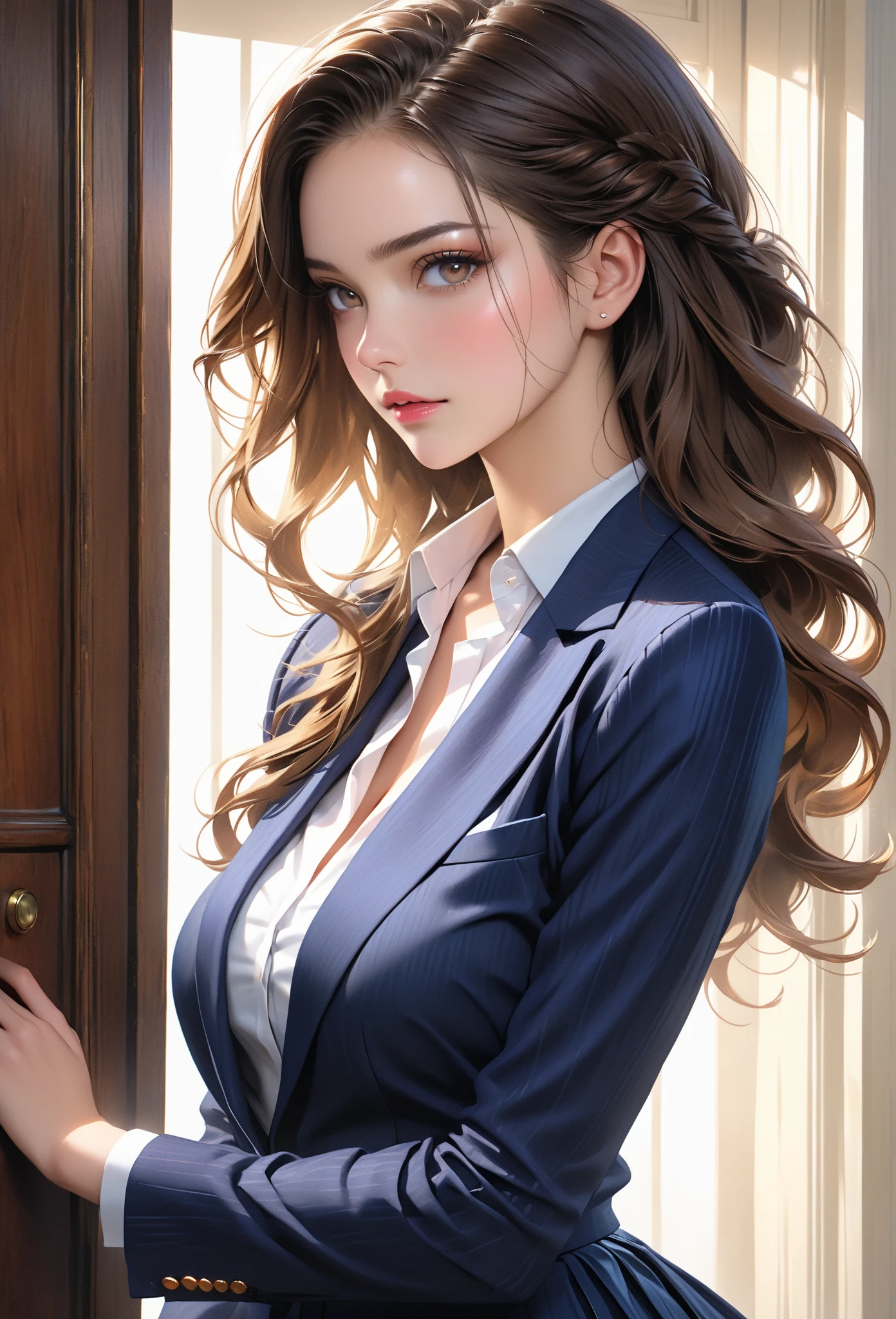 Stylish woman with light brown hair and big eyes with long eyelashes wearing suit cleavage