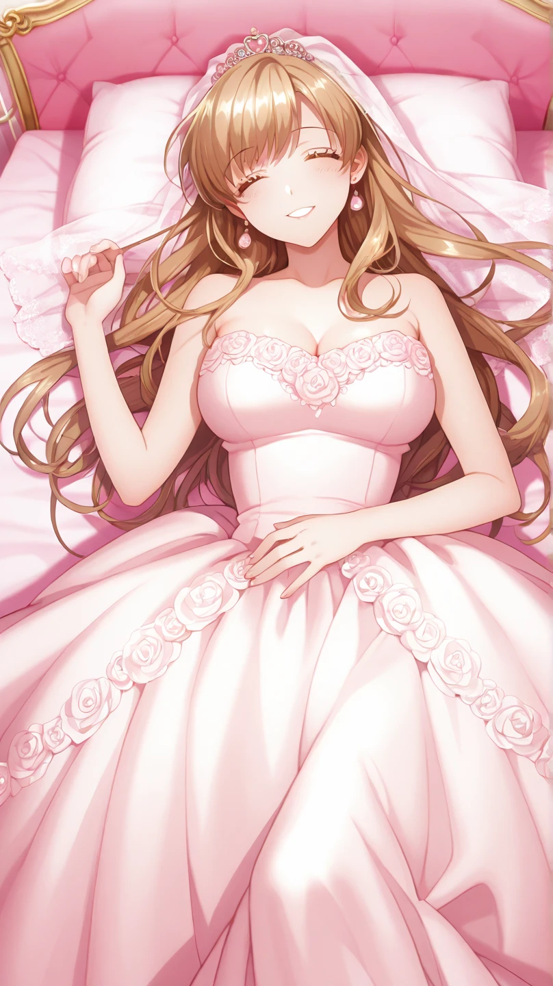in 8K、top-quality、masterpiece、ultra-detailliert、Ultra-high resolution、Anime style、on the beds、sleep on one's back、Pink cheeks、pink lipsticks、a blond、Braided hair、weddingdress、flower petals