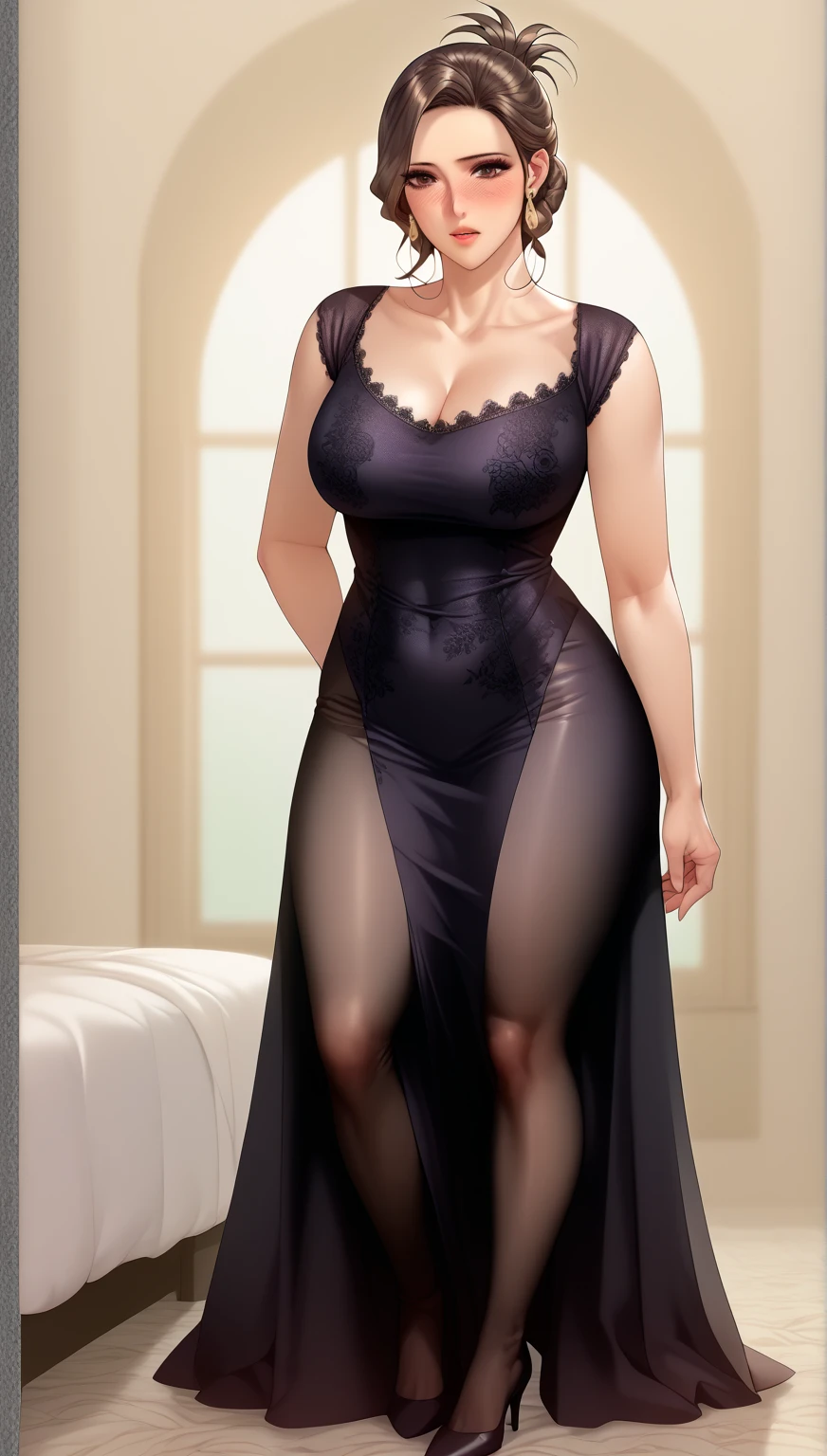 Mulher pregnant com vestido roxo gigante, high qualiy, awardwinning, high resolution, 8K , standing alone, 1woman, from the front, mellow, milf, purple cropped hair, blue colored eyes, long cloak decotado , tall woman, 29-years-old, milf, cuvilinear body, breasts small, huge ass , big-ass, pregnant, cabelo roxo, long cloak, hinterland, dress covers the legs, seducing gaze