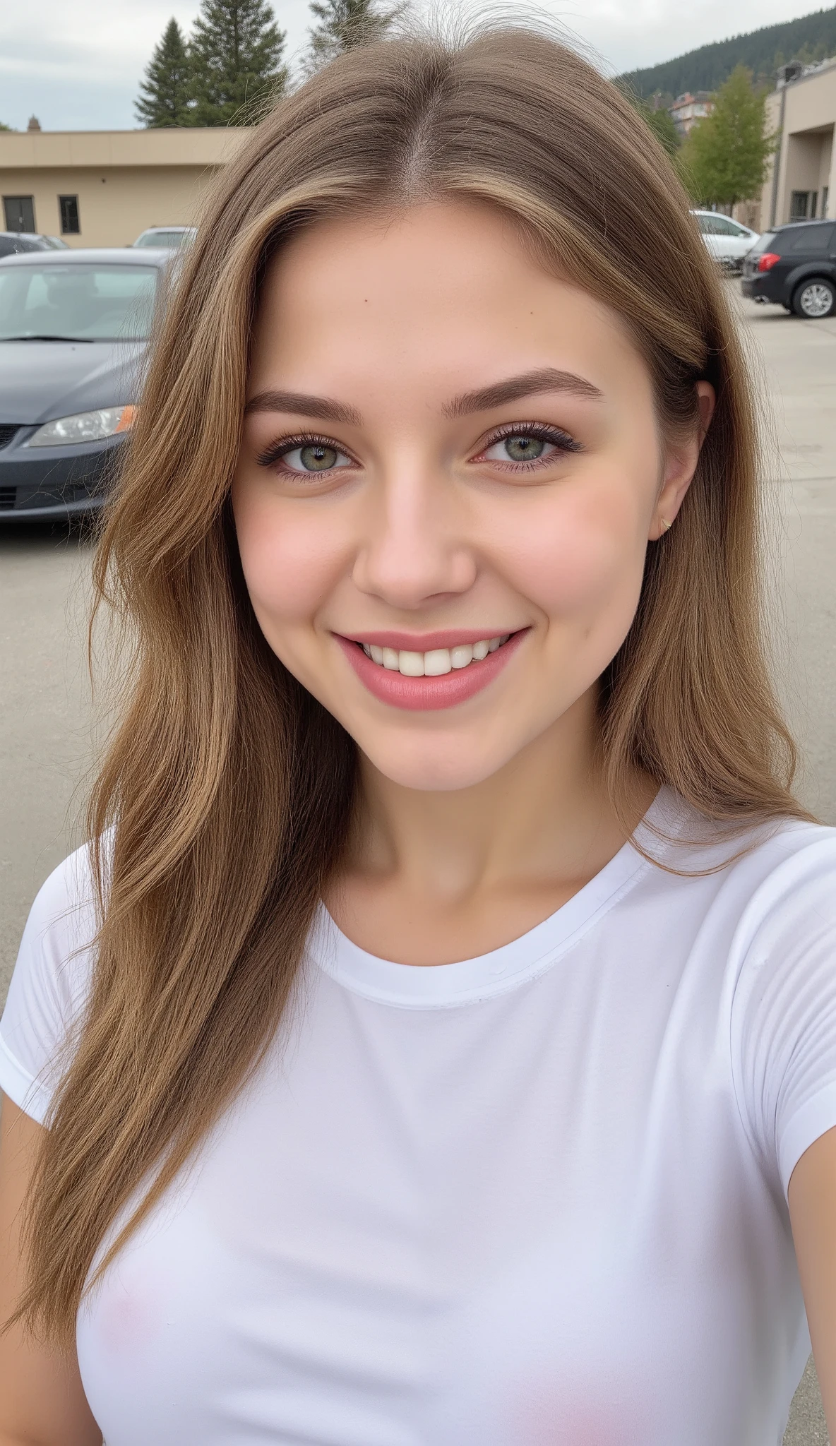 A close-up selfie captures a young adult White Caucasian woman with long, flowing brunette hair, styled without bangs. Her hair is a rich brown and falls around her shoulders. She has fair skin, light-colored eyes, and a bright, wide smile revealing her teeth. She appears to have light makeup enhancing her eyes and lips. She is wearing a plain white short-sleeved t-shirt. She has no visible tattoos or accessories.
The background shows an outdoor environment, likely a parking lot or a street with parked cars. The cars are blurred, suggesting the focus is on the subject. There are also some buildings and trees visible in the slightly out-of-focus background. The lighting appears to be natural daylight, possibly slightly overcast, providing even illumination without harsh shadows. The artistic style is casual and personal, typical of a selfie. The mood is cheerful and friendly. No nudity.