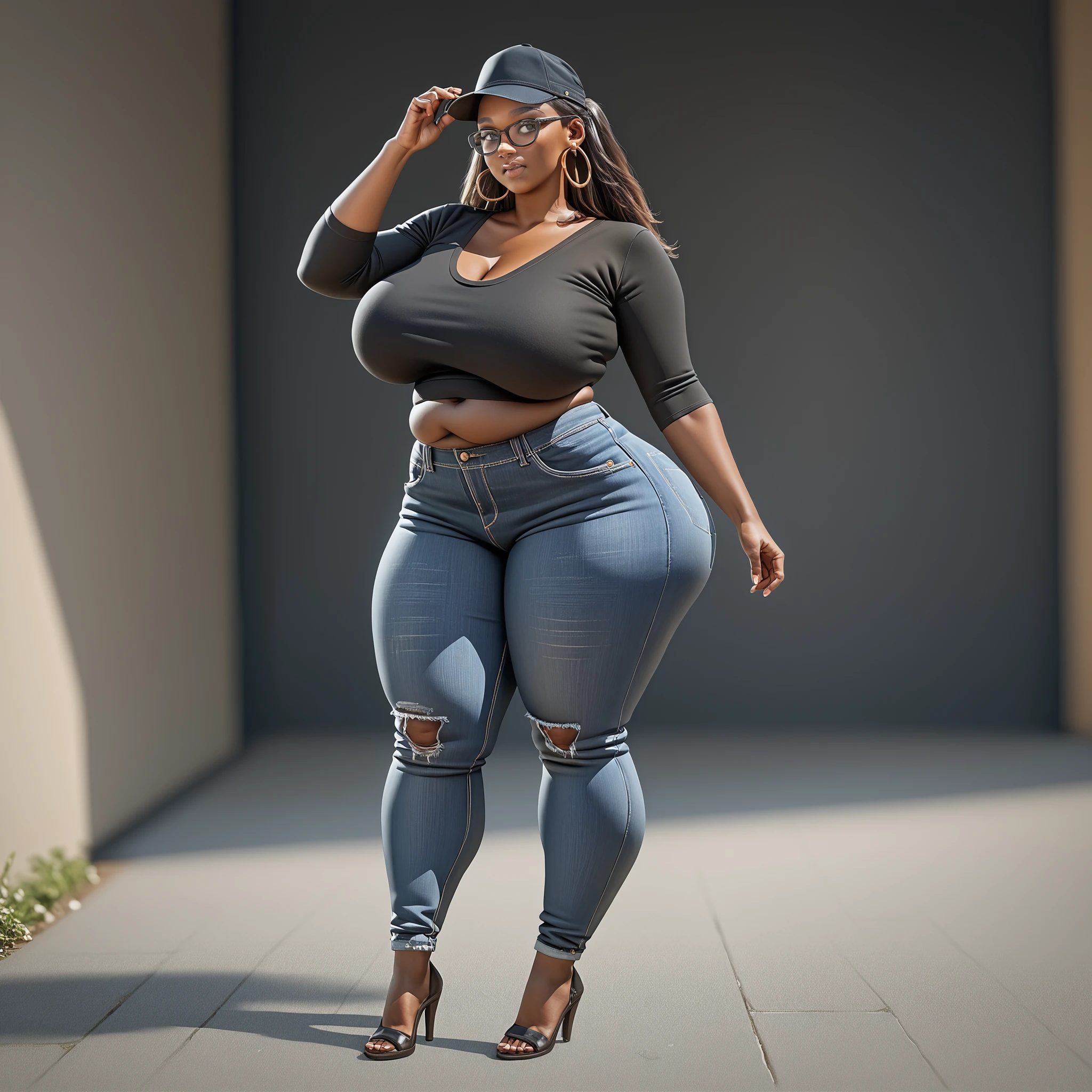 score_9, score_8_up, score_7_up, ((full body))
Black ethnicity, dark skin, curvy girl, long straight hair, wide hips, tall curvy body, slightly cubby belly ((modest breast)) ((modest butt)) ((wearing a black cap)) on the sides. Glasses, casual clothes. Hoop earrings. Tight jeans.