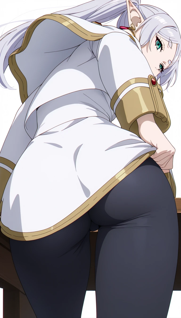(Best Quality, Masterpiece),sexy, erotic, 1girl, 18 years old, Contempt, pride, long silver hair, ((green eyes)), looking at viewer, looking at viewer, warm light, (((official outfit))), ((standing)), (small breasts), ((grab own ass)), small butt, two ponytails, skirt, pantyhose, ((smirk)), (bend over)