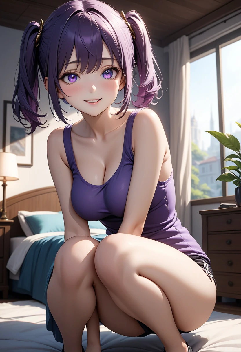 natural lighting, soft lighting, sunlight, HDR (High Dynamic Range), Maximum Clarity And Sharpness, Multi-Layered Textures, 
1girl, most beautiful korean girl, Korean beauty model,sit on bed,squatting on the bed stunningly beautiful girl, Completely naked (rich pubic hair),((masterpiece:1.5,Aristic and very detailed CG、Very detailed、Particle Effects、Dynamic Effects、Written boundary depth、Cinematic Light、Lens flare、Ray Tracing、Tabletop、Realistic:1.4、Ultra-high resolution:1.2、Realistic、Realistic))Elegant woman posing:、Detailed face、brightexpression、young, bright, Whiter skin,Best Looks、Ultimate beauty、Shiny purple hair with highlights、bright and shiny hair,、cute short cut hair,Indoor (Bedroom)
((Highest quality)), ((masterpiece)), (detailed), Perfect Face. Asian Girl. smile. Gray Hair. ((legs up)),Underarm.Green Eyed Girl、Big Eyes、Drooping eyes、View of the crotch from below、Large Breasts,
bent over,legs up