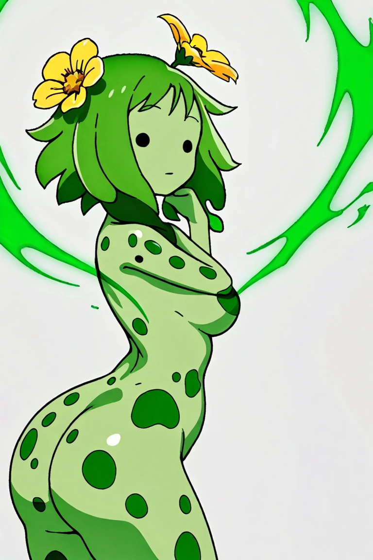 Crumbs, plant crumbs, embarrassed, trembling smile, flushed face, white skin, light green hair and flowers, dark green eyes, bathing, standing on a watery and rocky floor, D-sized breasts, thick hips, thin waist