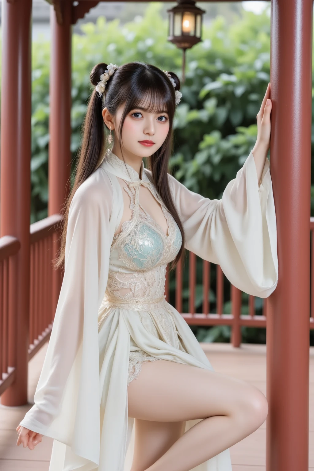 cheshire cosplay costume, cosplay, dress, chinese clothes, thighhighs, I steal a capelet, cat ears, hair ornament, red high heels,  (masterpiece, best quality:1.2), 1girl, solo, ((off shoulder clothes)), ((night)), lantern, Candle light, In the depths of Wonderland，The moonlight falls like water，foggy room，The figure of the heroine is vaguely visible，Just like the fairy in the painting，Slender sexy legs，Very nice legs，Leaking sexy legs，Big breasts，Beautiful with a hint of mystery。Her face is beautiful and delicate，Like finely carved jade，Showing otherworldly beauty。The eyebrows are picturesque，The waves in my eyes are like twinkling stars，Show the light of perseverance and wisdom。The bridge of the nose is straight，Lip color like cherry，The slightly raised corners of the mouth reveal confidence and calmness。Her face is well defined，The skin is as fair as jade，Reveals a healthy glow，Just like a fairy, she never eats fireworks in the world。Her makeup is light and delicate，Not too much embellishment，But enough to show her temperament and charm。Light-colored foundation brings out the transparency of the skin，A light eyebrow pencil outlines her perfect eyebrow shape，Eye makeup is eye shadow and eyeliner，Make her eyes brighter and more energetic。Lips painted with grace lipstick，Adds a bit of charm and sophistication。Her clothes are graceful and chic，Clothes flutter，It seems like it will be blown up by the wind at any time，drifting into the distance。Without losing grace，Also showed her extraordinary skills。Rocking with her movements。Her hair is tied back casually，Secure it with a hosta，A few strands of hair are fluttering gently in the wind，Adds a bit of softness。Her figure is looming in the fairyland，Like a beautiful landscape with big breasts，attracted everyone&#39;s attention。She seems to be a fairy in wonderland，Big breasts beautiful、grace、mystery、and full of power。