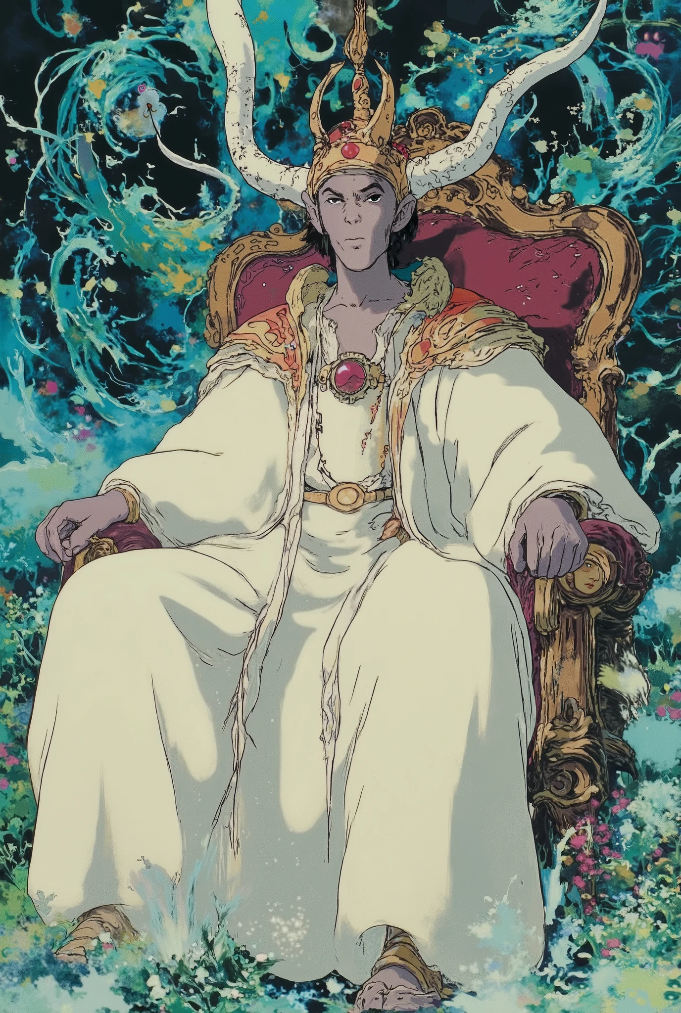 Fantasy male character sitting on a throne, white clothes, magical, fabulous, super detailed, complex composition, masterpiece, concept art, Alphonse Mucha, Arthur Rackham