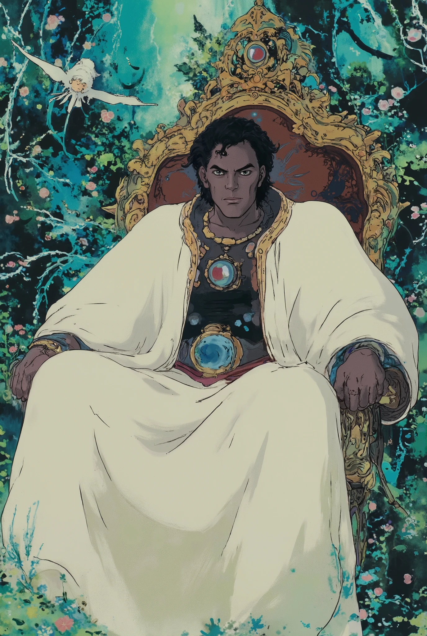 Fantasy male character sitting on a throne, white clothes, magical, fabulous, super detailed, complex composition, masterpiece, concept art, Alphonse Mucha, Arthur Rackham