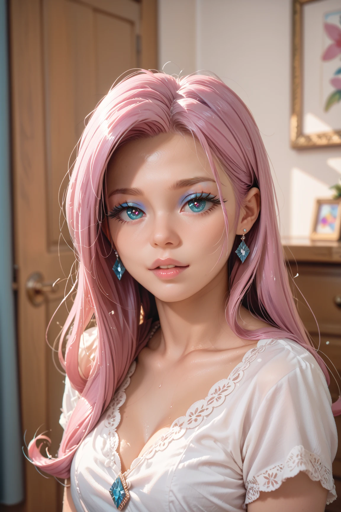1girl holding orb, long pink hair, white collared shirt, big breasts