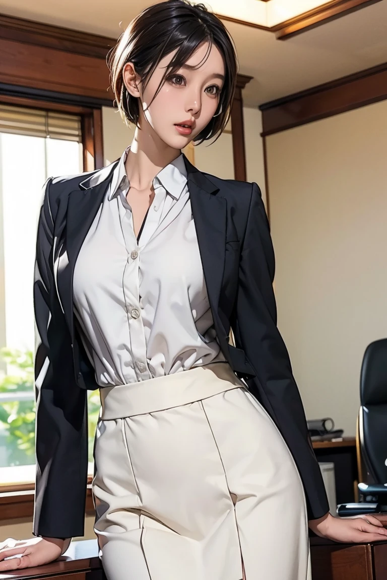 She stands next to her desk in the office、Wearing a black formal blazer、(((Wearing a black miniskirt)))、I am an OL.、Because it is a little hot indoors、((Lift the miniskirt yourself to cool off))、(((lift up skirt:1.2)))、(((Showing panties)))、((White panties:1.2))、Panchira Shot、((Composition looking up from below))、extremely detailed CG Unity、top-quality、8k wallpaper、hight resolution、(realisitic:1.2)、(photographrealistic:1.4)、Realistic、(Best Quality:1.4)、Cowboy Shots、K-pop idols、22year old、Beauty Department、Double eyelids、extra detailed face、extremely detailed eye、highlydetailed skin、Shyness、Short straight hair、Pattsun bangs