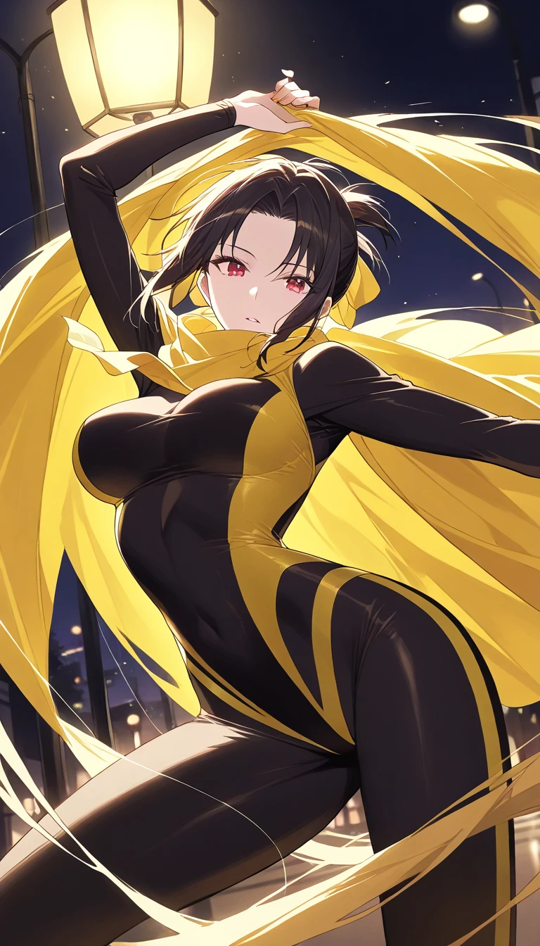 Prone position, front view, from front, looking at viewer, cleavage, squeezed breasts, bare shoulders, falling dress, sleeveless, black hair, bright yellow eyes, high quality, black and yellow colour only on background