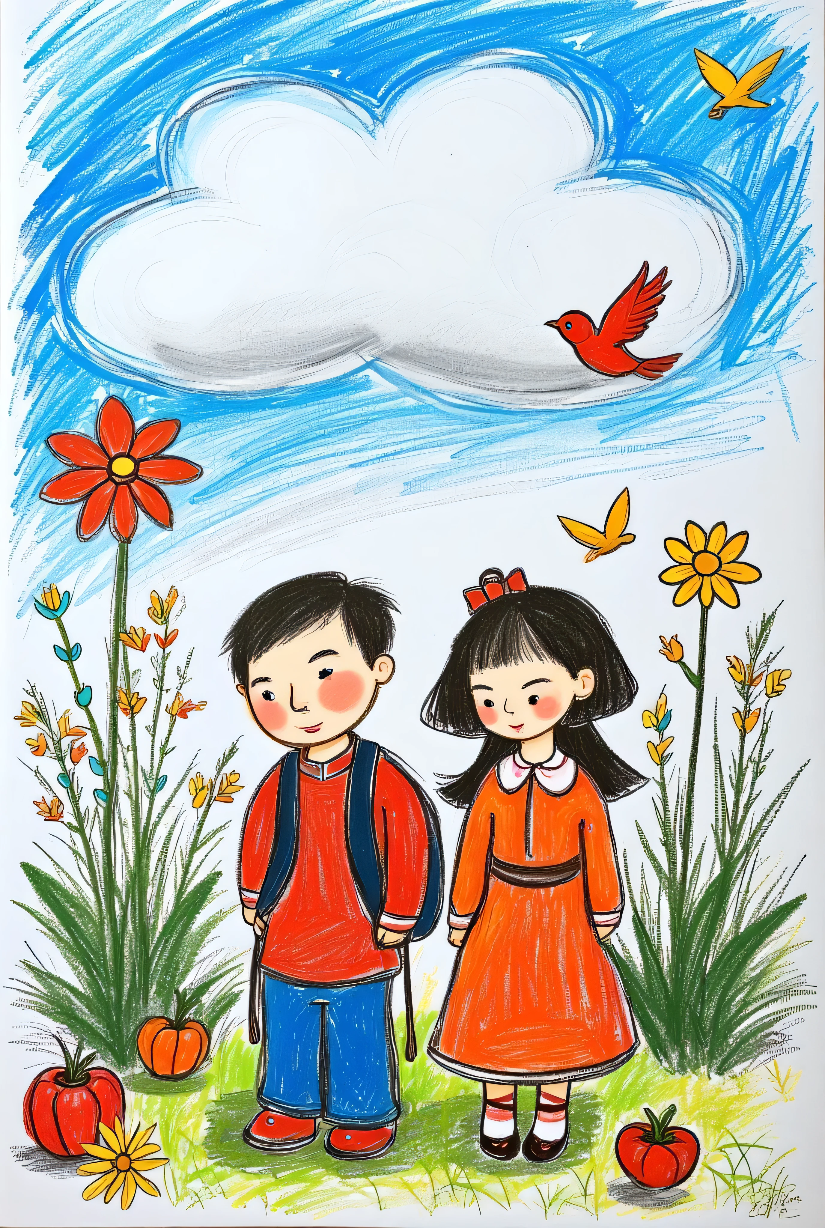obra-prima, imagem, illustration, Portrait of a boy and a girl, Stopping by going to school, carros, pedestres, muito verde , flowers and birds in the blue sky, sun and clouds
