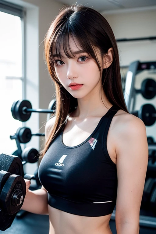 Gym Personal Trainer, Highest quality, shape, Very detailed, In detail, High resolution, 8k wallpaper, Perfect dynamic composition, Beautiful details,  Natural Lip,, Gym Wear, Cleavage, She is teaching with a sexy pose and a sexy face..., A masterpiece of the whole body, Side Short