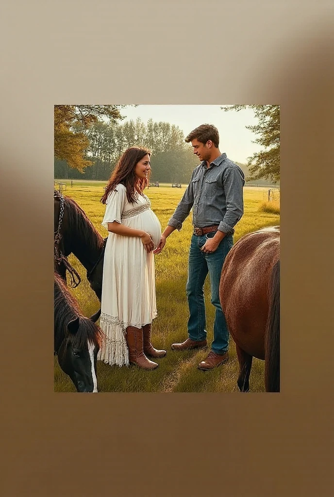A woman with green eyes, with fair skin and black hair, who is pregnant, Beside her, her green-eyed husband, medium beard and hair and he will have a strong physique.
Create a background for the image of a farm and they are dressed as cowboys