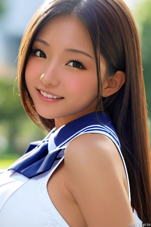 Pure young Japanese cheerleader girl, wearing summer uniforms, natural hair styles, impressive big brown eyes, no makeup, thick eyebrows, pure smile, refreshing in summer sunlight, feeling soft breeze in hair, sexual attractive, professional portrait photography, 