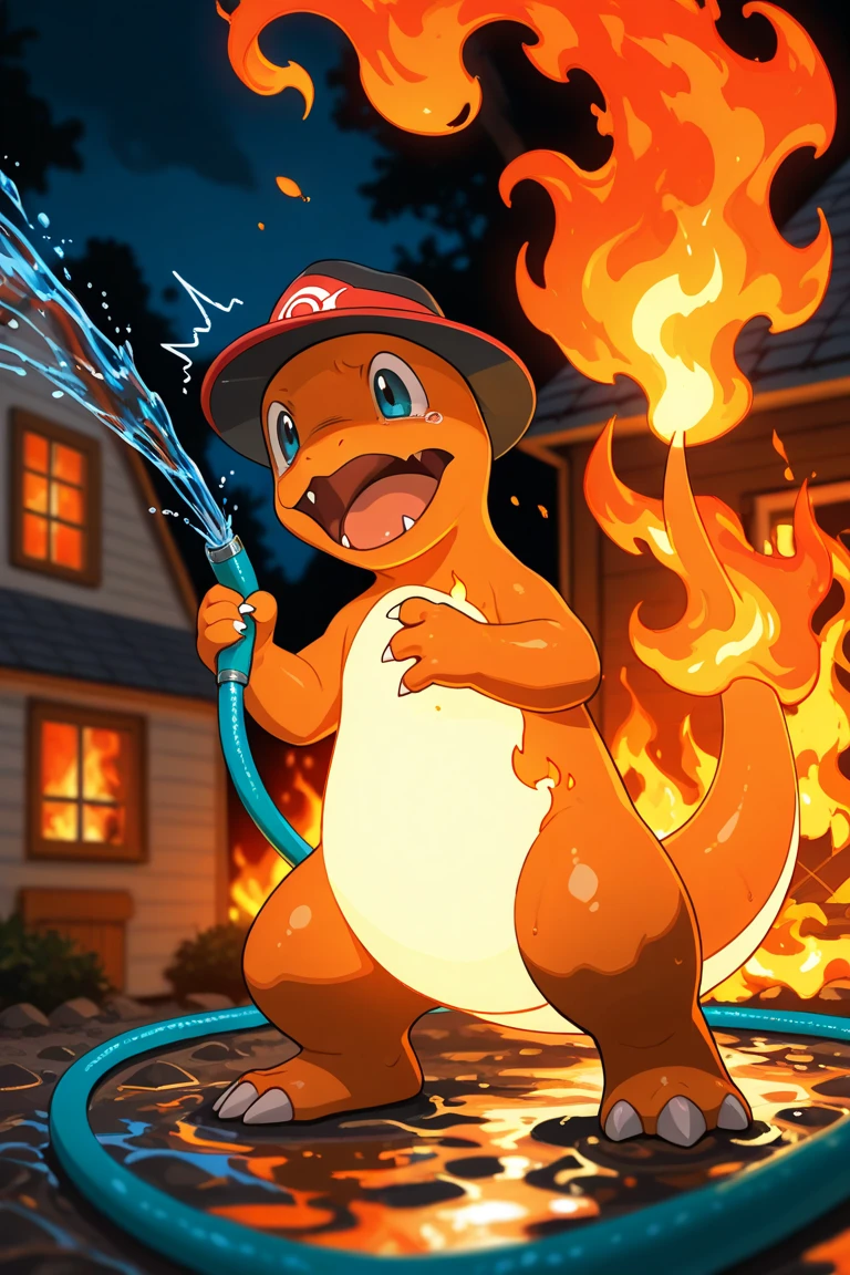 no human, solo, charmander \(pokemon\), fire fighter hat, using a water hose, night, (house on fire:1.5), fiery background, fiery foreground, smokey, blurry, ember, (panicking:1.3), close up,