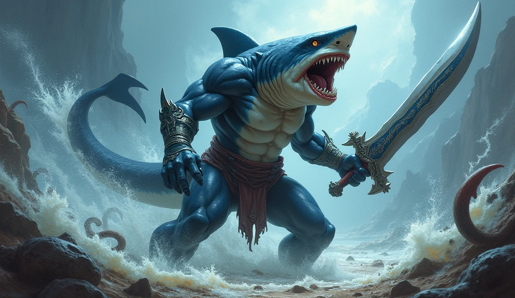 A shark that possesses human characteristics, garras bem grandes e afiada,pernas humanas, peitoral musculoso, boom launcher, Sword user with whale bone notch,bem detalhado,4k,preto escuro cinza claro, DarkClaw