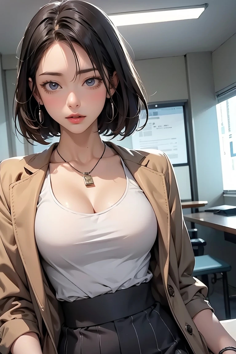 8K quality、High definition eyes、Brown and purple short hair、Brown eyes、secretary、Ring piercing of the earlobe、Bright sunshine、Office at dusk、Sweat、Suits that hang down to the chest、Short skirt、Beautiful legs、Beautiful thighs、Shot from above、Dignified face、Young small breasts、Seduce your boss