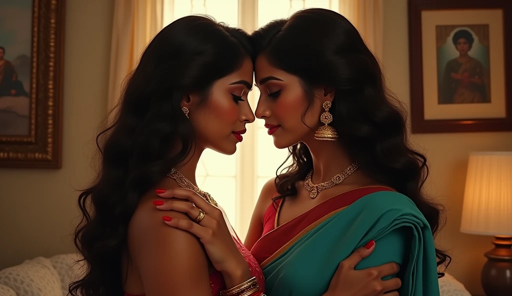 Five extremely beautiful Tamil girls, 20 year old, inside train, playful bold sassy lesbian group (((erotic, neck smooching, hip groping, cheek kissing))) poses for adults only magazine, (wearing expensive saree, sleeveless blouse, long skirt), round deep navel, HDR, hyper realistic, intricate detailing, yotta-pixel image, yocto-pixel detailing