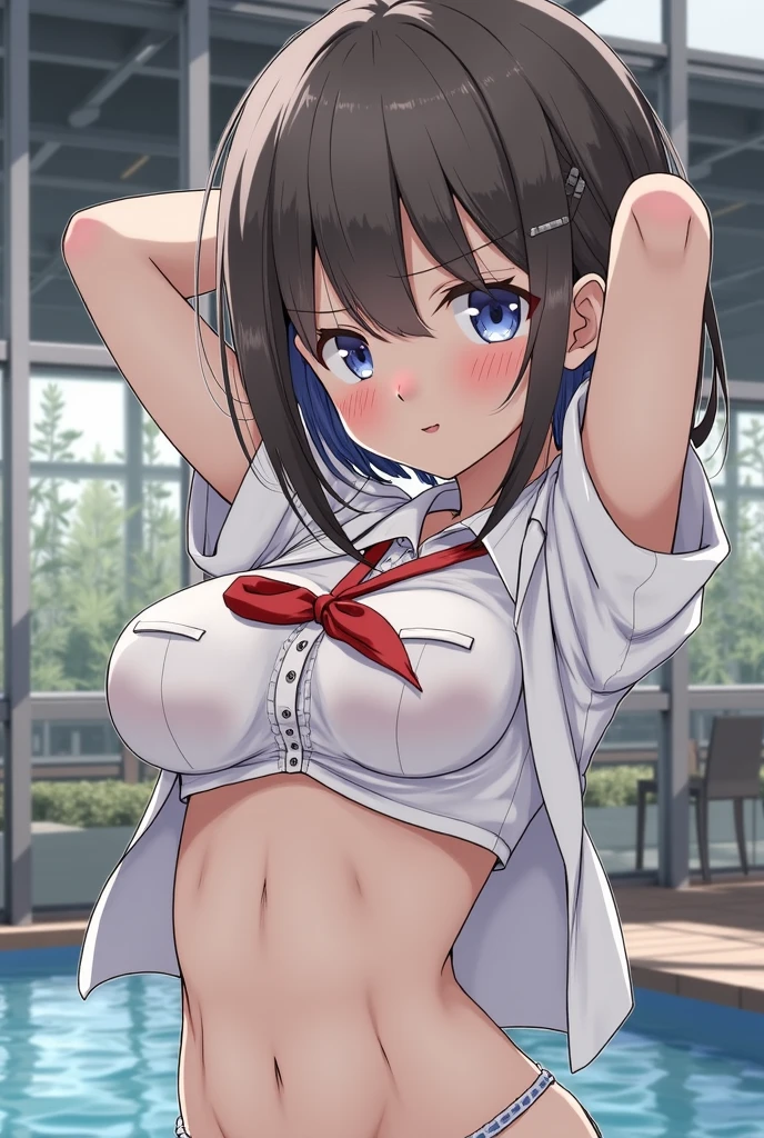 [anime styled],[official art],Tomomi_saikyou,black hair,Short hair,Hair Ribbon,NSFW,1girl in,(Portrait),close up,short torso,Perfect Lighting,nude,topless,(nipples),,anime screen cap,Flat color,cel shading,(smile),blush,(underwear:1.2), (strong light)、((brighten the subject)),oily skin,shiny skin,curby:1.2,((white lace panties)),cleavage,from above, leaning forward,  break background classroom,