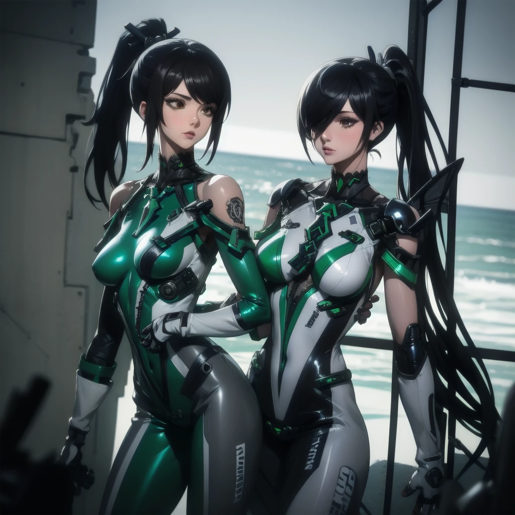here are two silver a woman, futuristic robot body, female cyborg. high resolution, robotic body, gynoid cyborg body, half robot and half woman, robot body, cybernetic body parts, cybernetic body, cyborg fashion model, diverse cybersuits, ultra detailed female android, retrofuturistic female android