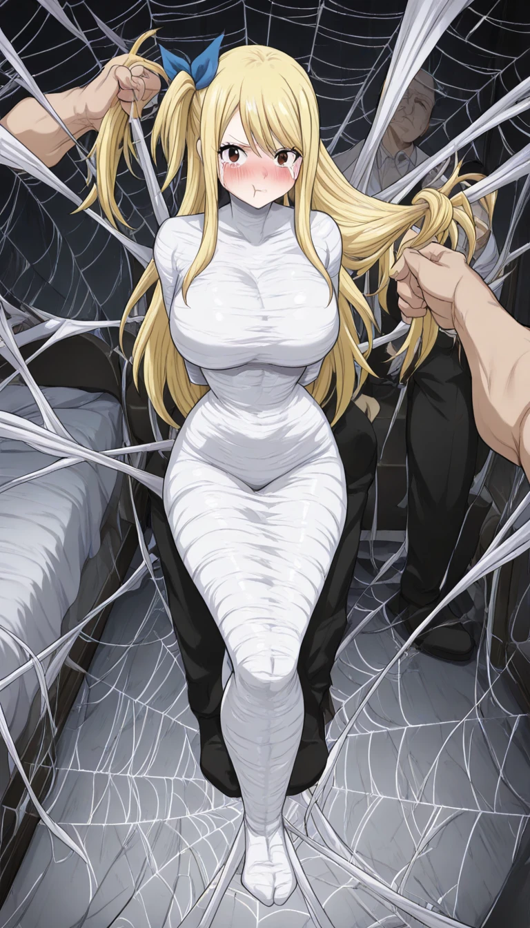 masterpiece, best quality, 1 girl, solo, looking at viewer, Yamanaka ino, length hair, floating hair, (arms behind back:1.4), hanging,spiders in the web,long spider, desperate,struggle, entangled, embarassed face, despair,cocoon, blushing face, lie down, lying down on the ground