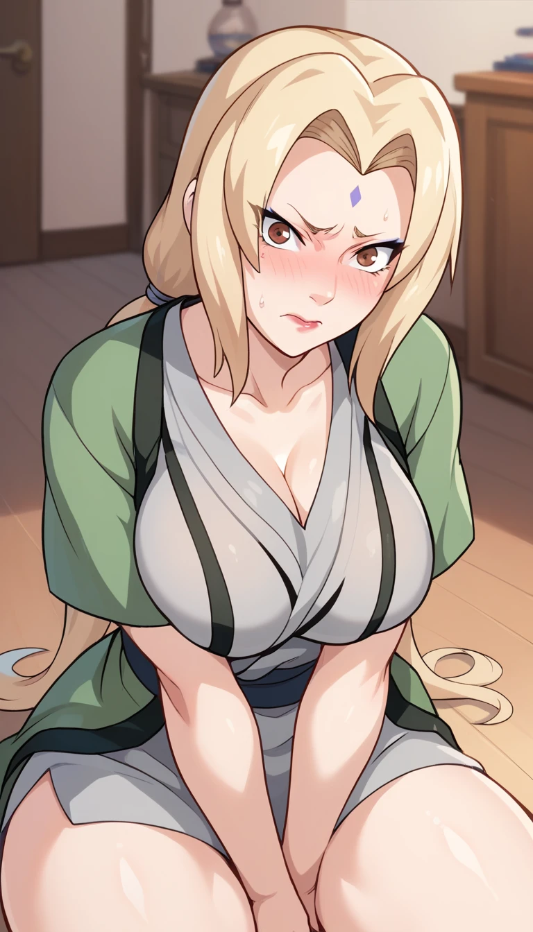portrait, solo focus, solo, close-up, looking at viewer, (parted lips:1.2), (sunlight, bright, sunshine:1.2),((tsunade)), 1 girl,1 boy ,((tsunade milf physique)),(mark on forehead ), long hair, blonde hair, eyes,hairclip, eyes, smile, from front,(posing her body in office),huge breast huge pelvis thick thighs,((clear details High definition body parts perfect body parts )),(((blush lush blush nose blush blush face ))),(sad expression),((1 girl)),(solo), (white apron), ((front view)),((long distance between viewer)),((standing))
