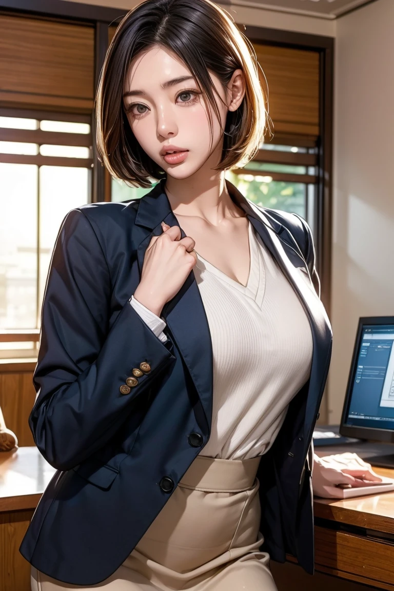 Tabletop, highest quality, Realistic, Very detailed, In detail, High resolution, 8k wallpaper, 1. Beautiful woman, middle aged, Pixie Cut, Big Breasts, Wear a suit and blouse with a tight miniskirt, Thighs, Sharp focus, Perfect dynamic composition, Beautiful details, Thin Hair, Detailed and realistic skin texture, smile, Model Body Type