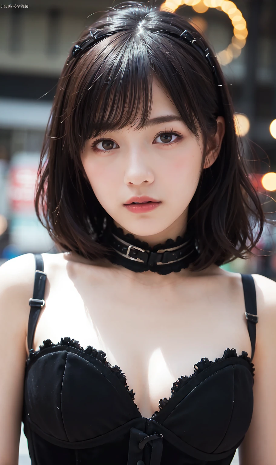 ((highest quality、Masterpiece、High resolution))、(((Zoom photo of upper body)))、(A shy smile:1.2)、One woman、Clear、Cat ears headband、Black dress、Cleavage、Trimmed bangs、Black Hair、Night in the city