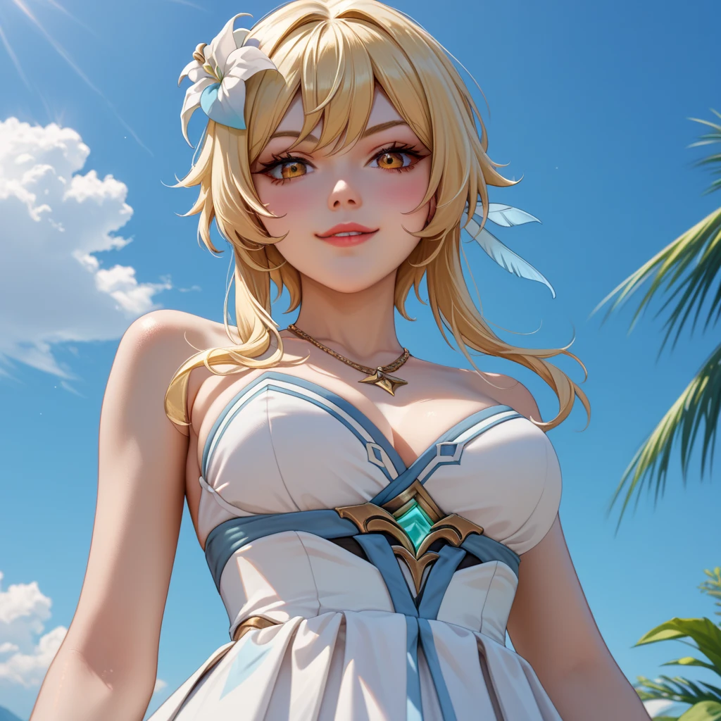 1girl ,other ,bare arms ,bare shoulders ,barefoot ,bikini ,blonde hair ,blue background ,blue bikini ,blue eyes ,border ,bouncing breasts ,breasts ,cleavage ,collarbone ,earrings ,float ,gameboy ,hair over one eye ,hat ,innertube ,jewelry ,large breasts ,long hair ,looking at viewer ,navel ,off-shoulder bikini ,off shoulder ,simple background ,smile ,star (symbol) ,star earrings ,sun hat ,swim ring ,swimsuit ,white border