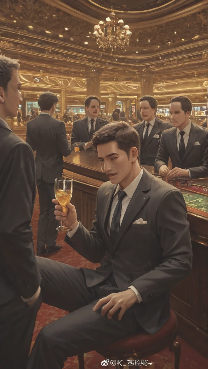 A stunningly handsome white man, dressed in a very elegant suit stands inside of an upscale bar at night. He smiles slightly, extremely confident. He stands amount a group of young female adolescents. The adolescents are dressed in string bikinis, smiling brightly while grabbing the man. 