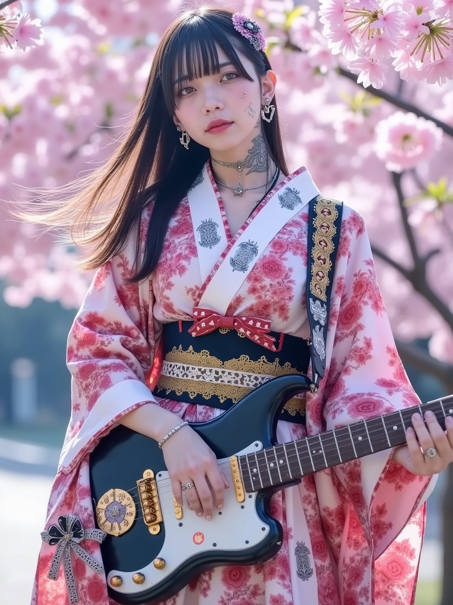 dynamic angle side-facing full-body shot, standing pose
a beautiful Japanese female idol with side bangs hairstyle and colored hair streaks, her hair flowing naturally in the wind, cute face, perfect anatomy, perfect fingers, detailed facial skin texture, solo, adorned with multiple facial piercings and elaborate earrings, geometric facial tattoos and visible body tattoos
photo-realistic digital photography
ultra-detailed, ultra-high-resolution
wearing a traditional Japanese kimono-style outfit with embedded neon markers and elegant lace elements, holding an intricate cyberpunk-style guitar, slim waist
surrounded by a divine sea of fully bloomed cherry blossoms, thick radiant petals floating in slow motion, heavenly light filtering through the blossoms, ethereal glowing particles suspended in the air, ambient golden mist glowing around her silhouette, text projection mapping “Eternal Bloom”
main colors: pink and light blue with soft gold accents
divine glow, godlike ambiance, global illumination, strong shadow contrast
super realistic, cinematic lighting, best quality, masterpiece, photo of the day:1.5