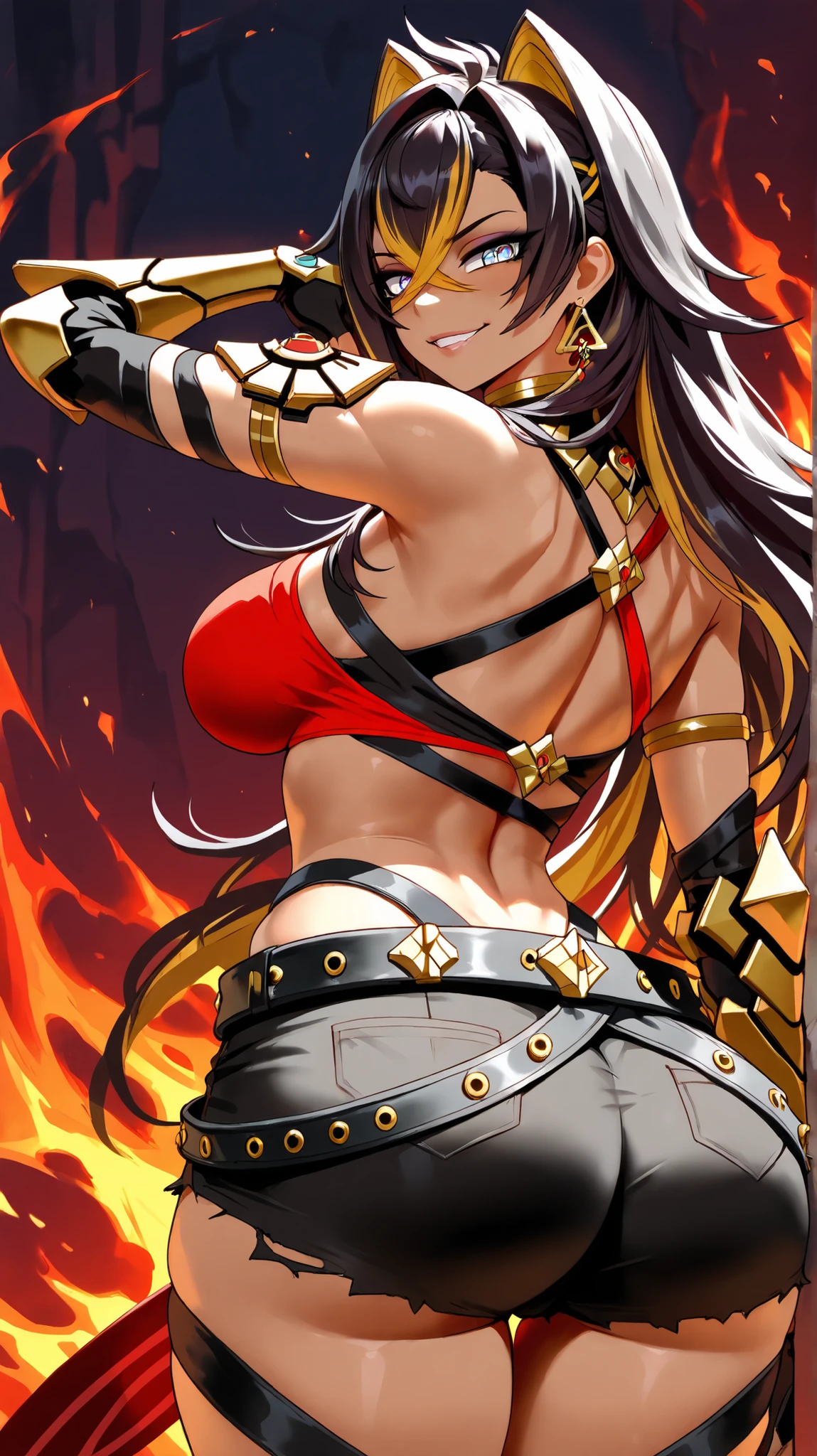 master-piece,hyper quality, hyper detailed,perfect drawing,1 beautiful girl, tiger print bikini, tiger ears, tiger tail, tiger palm, tiger paws, tiger fingers, sharp claws, sharp fangs, hunter's eyes aiming at prey, black hair and blonde mesh, sharp eyes, height 177cm, three sizes B95W60H90, kneeling, pow pause, Space Opera,