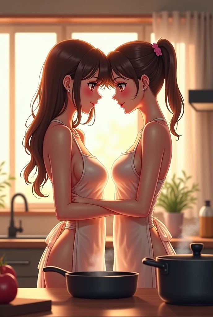 "mom kissing her teenage daughter on the lips, cabello rubio, Mom is seen wearing a thong, Without bra, la chica lleva small bikini, obra maestra, realista, high resolution, alta calidad, Of the highest quality, mejor calidad, ultra detallado, extremadamente detallado,