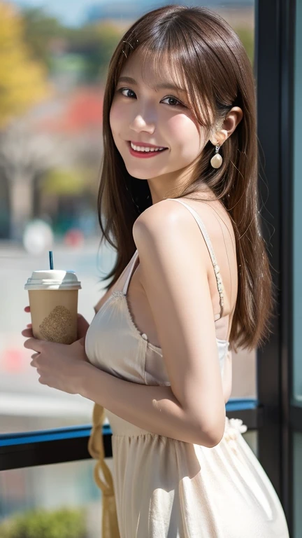 28 year old、1 female、TOKYOcty、(daytime:1.2)、A city scape、city light、The upper part of the body、a closeup、a smile、(8k、RAW Photography、top-quality、masterpiece:1.2)、(realisitic、photoRealstic:1.37)、Beige knitted dresses、Curly hair、Outdoor café、drinking a tall size coffee, large boob, no-bra、election of nipples